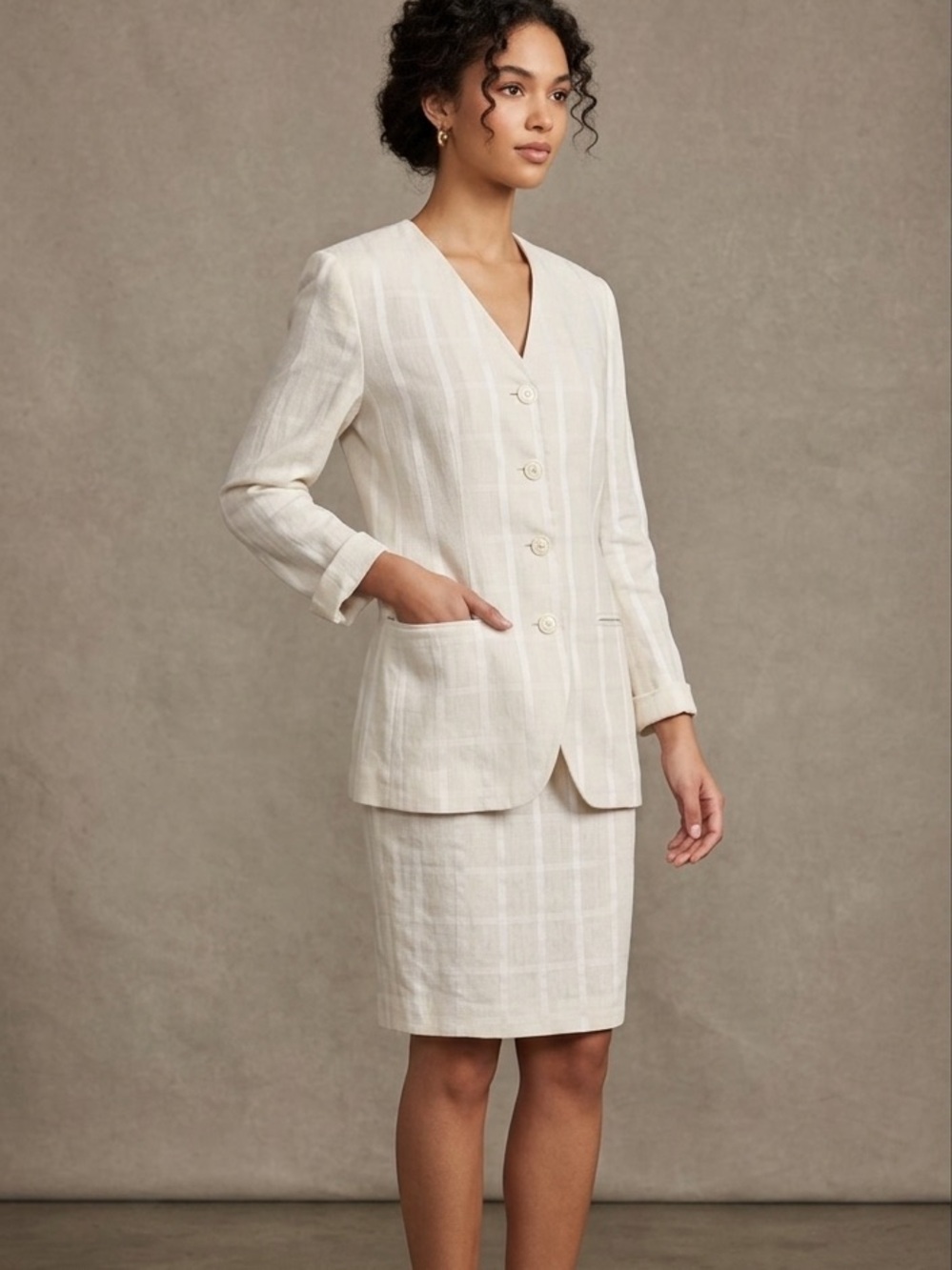 Petite Sophisticate Linen Blend Two-Piece Suit Blazer Skirt Ivory Size Small